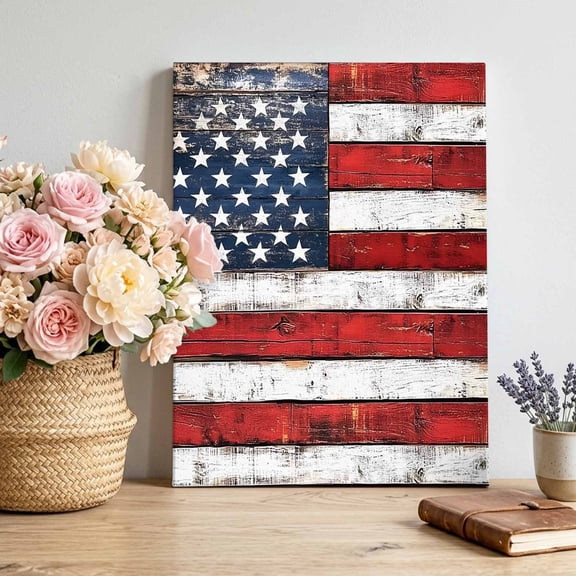 Canvas Wall Art Independence Day Canvas Art Print American Flag Wood Grain Vintage Pictures Wall Decor for Living Room Bedroom Artwork Decorations Stretched Framed Ready to Hang 8"x12"