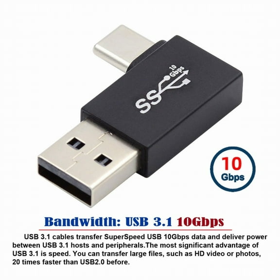 Chenyang Left Angled USB3.0 Type A Male to USB 3.1 Type C Male Data 10Gbps Charge Adapter 90 Degree for Laptop Phone