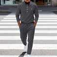 thumbnail image 2 of mihongmao Western Outfit for Men Solid-Color Casual Sporty Round-Neck Button Stand-Up Collar Long Sleeved Top Pocket Drawstring Long Pants Two Piece Set Dark Gray XL, 2 of 8