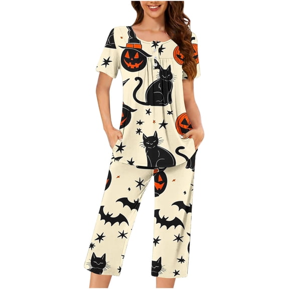successthop Womens Capri Pajama Sets Lightweight Plus Size Hearts Short Sleeve Button 2 Piece Loungewear S Light Blue
