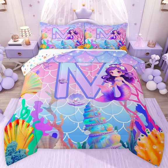 jejeloiu Cute Mermaid Twin Comforter Sets,Watercolor Letter M Bedding Set For Kids Girls Reversible 2-Piece