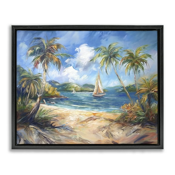 Stupell Industries Paradise Beach Harbor Coastal Painting Black Floater Framed Canvas Art Print Wall Art, 21 x 17
