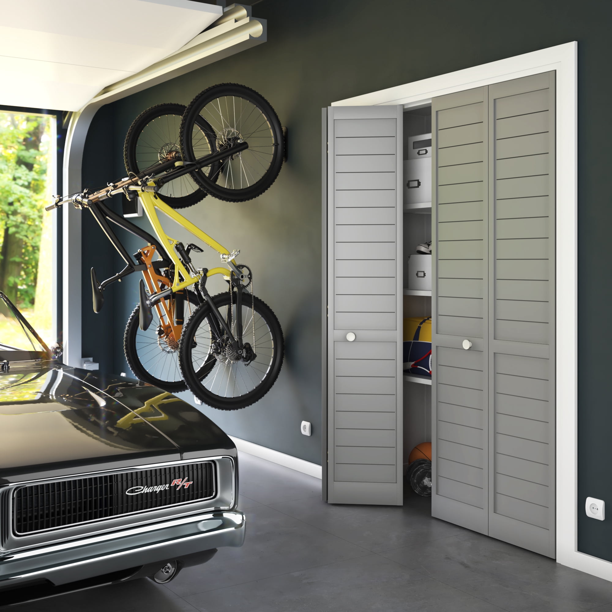 EightDoors 80" x 36" x 1" Flat Louver Grey Prefinished Pine Wood Interior Bifold Door with Hardware Included