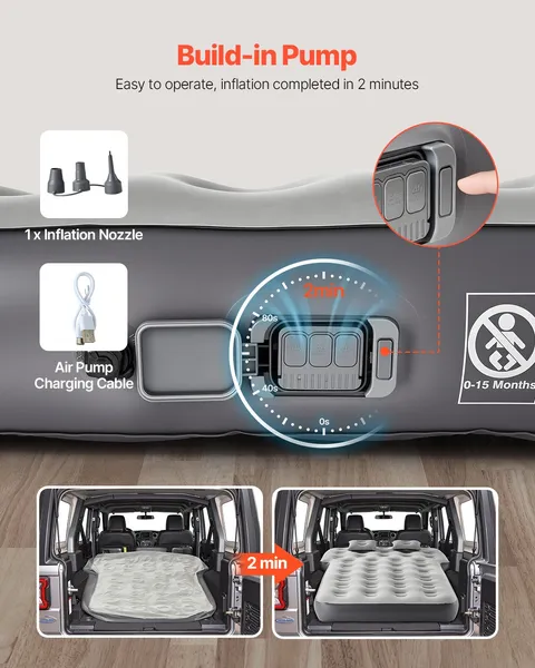 Car Air Mattress, Fits Toyota 4runner, Jeep Wrangler, Inflatable Car Camping Mattress, Flocking Thickened Blow Up Travel Beds, Durable Portable Sleeping Pad with Built in Pump, 2 Pillows, Gray