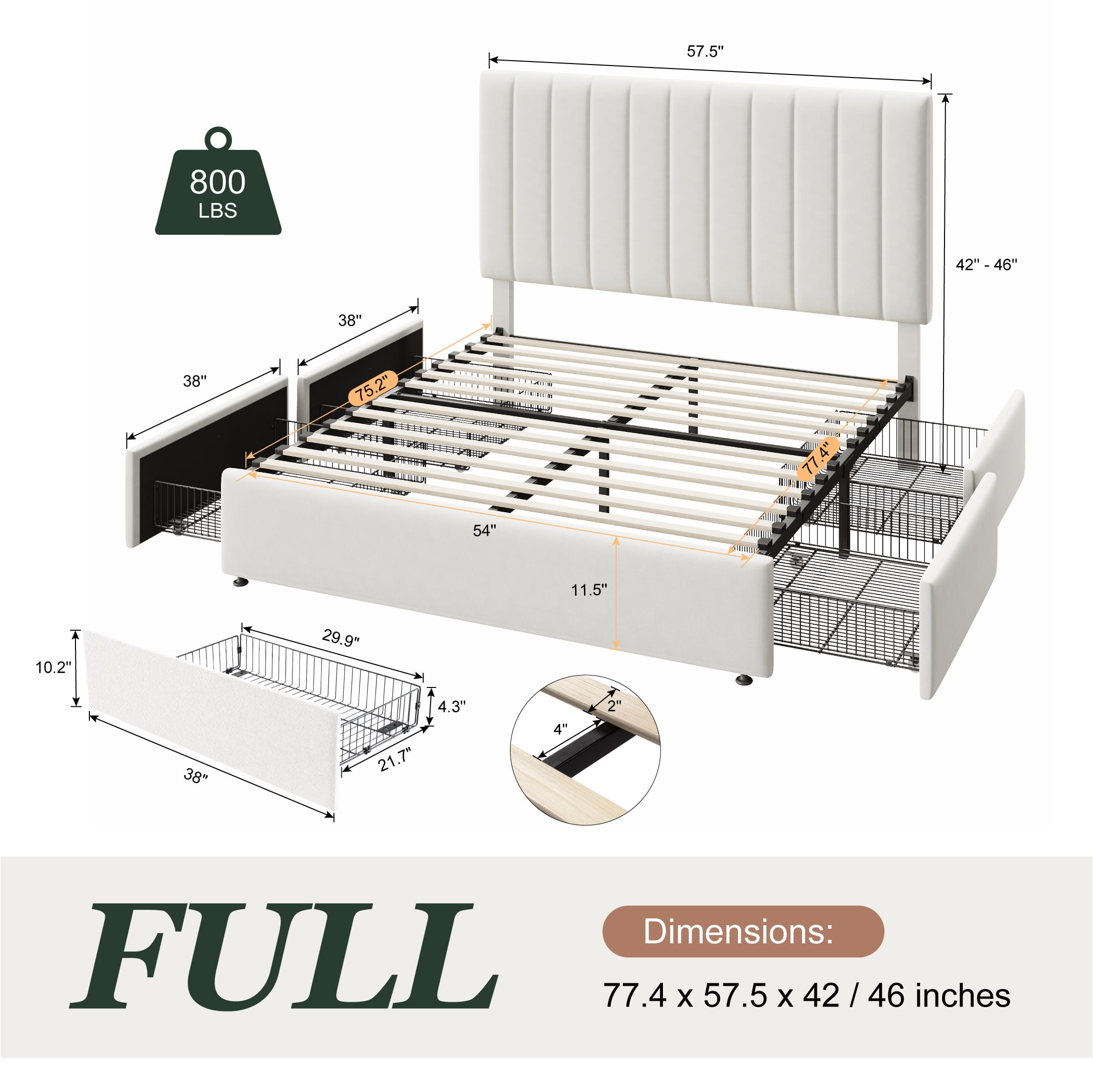 Amolife Full Bed Frame with Adjustable Velvet-Wrapped Headboard and 4 Storage Drawers, No Box Spring Required, White