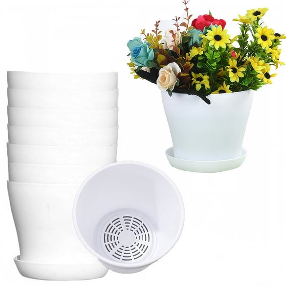 GIXUSIL 8-Pack 4 inch Plastic Plant Pots for Indoor Plants, Thickened Seedling Flower Pots with Drainage Hole and Saucer, White Nursery Planters for Succulents, Herbs