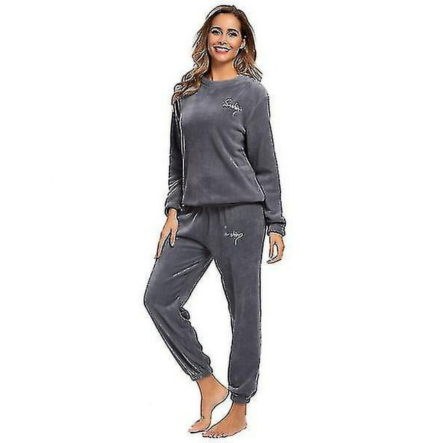Pyjama d'Hiver Chaud Grande Taille Haut en Molleton Pantalon Col Rond Ensemble de Pyjama Doux