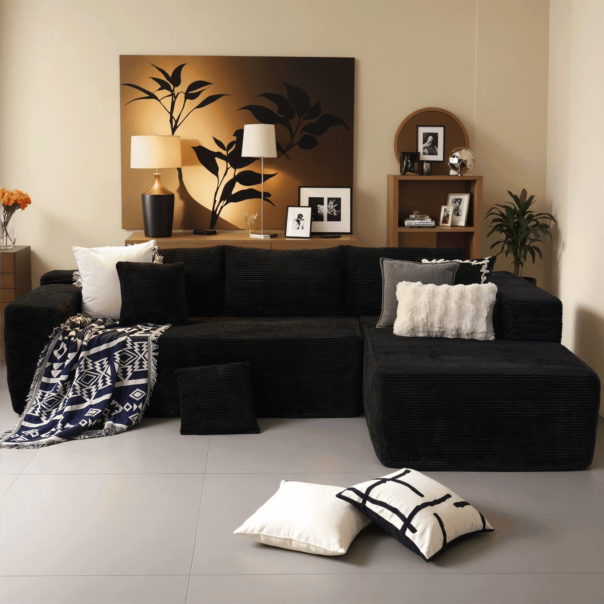 Ovios 106" Cloud Sofa Couch No Assembly Boneless Deep Seat Sofa for Living Room, Black (Corduroy)