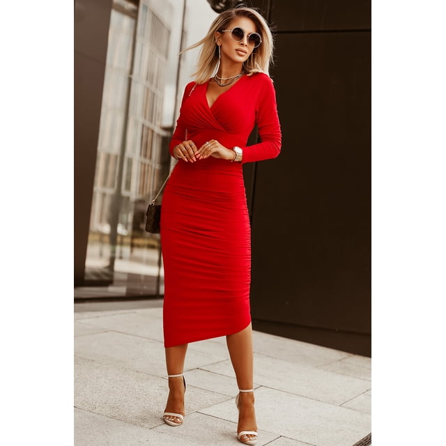 ABPHQTO Vestido a media pierna rojo con mangas largas y cuello en V para mujer