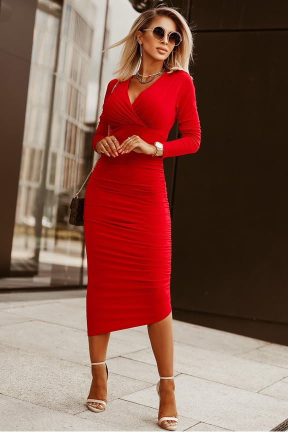 Chic Wrap Dress - Long Sleeve, Ruched Bodycon, V-neck, Women's Fashion