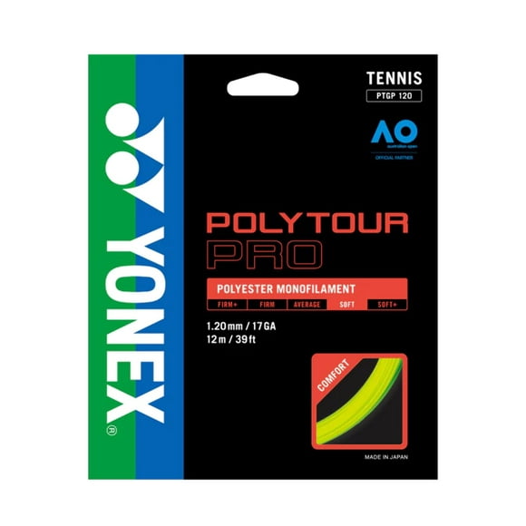 Juego de cuerdas de tenis YONEX Polytour Pro 120 calibre 17 (amarillo brillante)