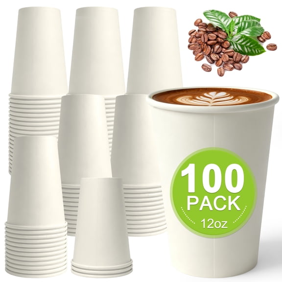 100 Pack 12 oz Disposable Cups, White Disposable Paper Cups, Coffee Cups for Hot Tea, Chocolate and Cold Drinks