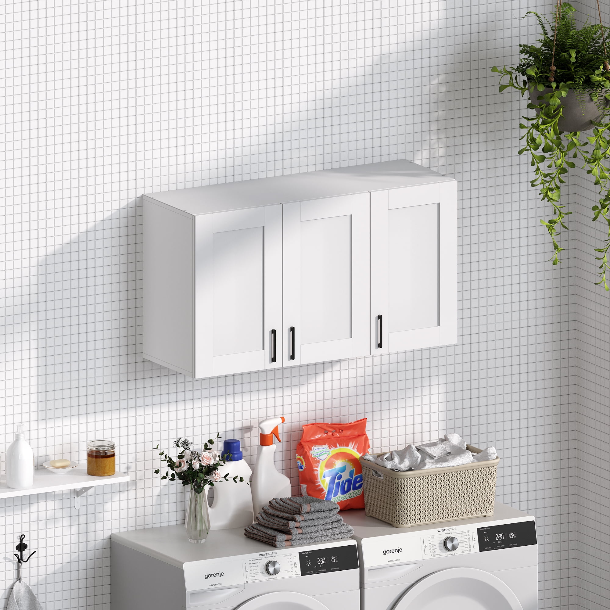 Fddevelop White Wood Laundry Room Wall Cabinet with 3 DoorS and Adjustable Shelf 35.4"W