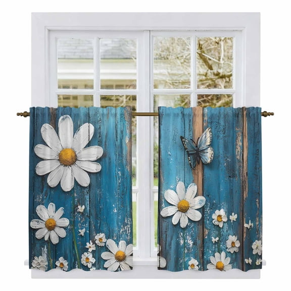 Blue Wooden Daisy Tier Curtains, Vintage Farmhouse Butterfly Flowers Light Filtering Kitchen Curtains, 2Pcs Rod Pocket Half Window Treatments Panels for Sink Cafe Cabinet Basement 27.5x45 Inches