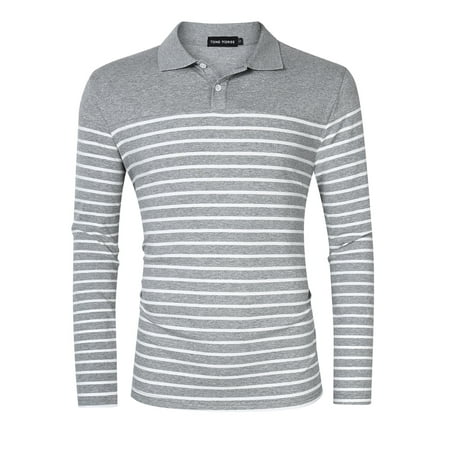 Yong Horse Men's Casual Long Sleeve Striped Slim Fit Polo T Shirts Gray