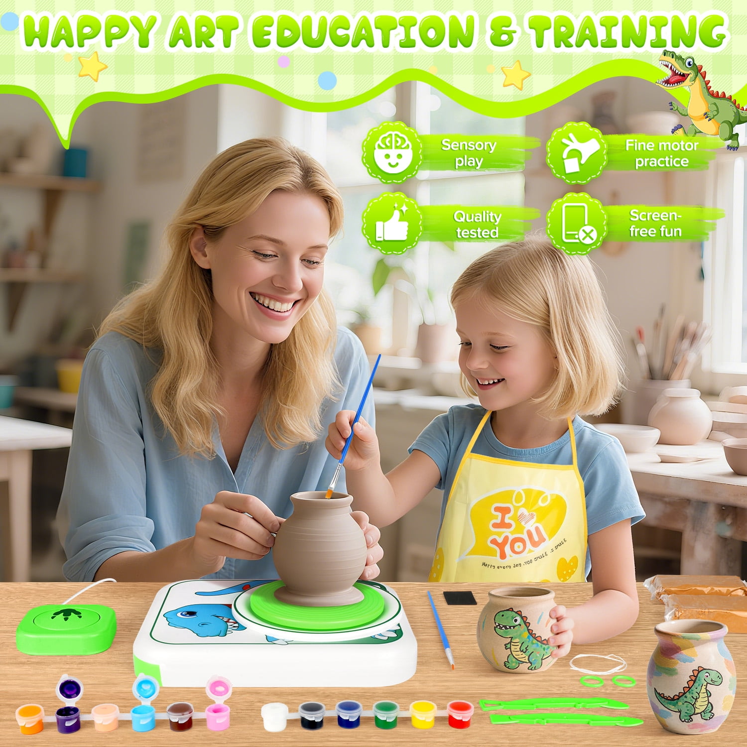 Huge Wave Pottery Wheel for Kids, Dinosaur Arts and Crafts Kit with 4 Clays, Air Dry Sculpting Clay and Craft Paint Toy Kit, Ideal Birthday Gifts for Aged 6-12