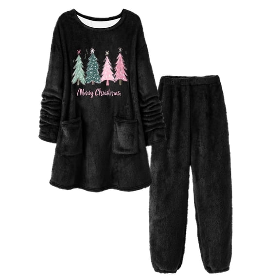 Fuzzy Pajama Set for Women Christmas Long Sleeve Pullover Pants Set Lounge Set Women Winter Warm Pajamas for Women