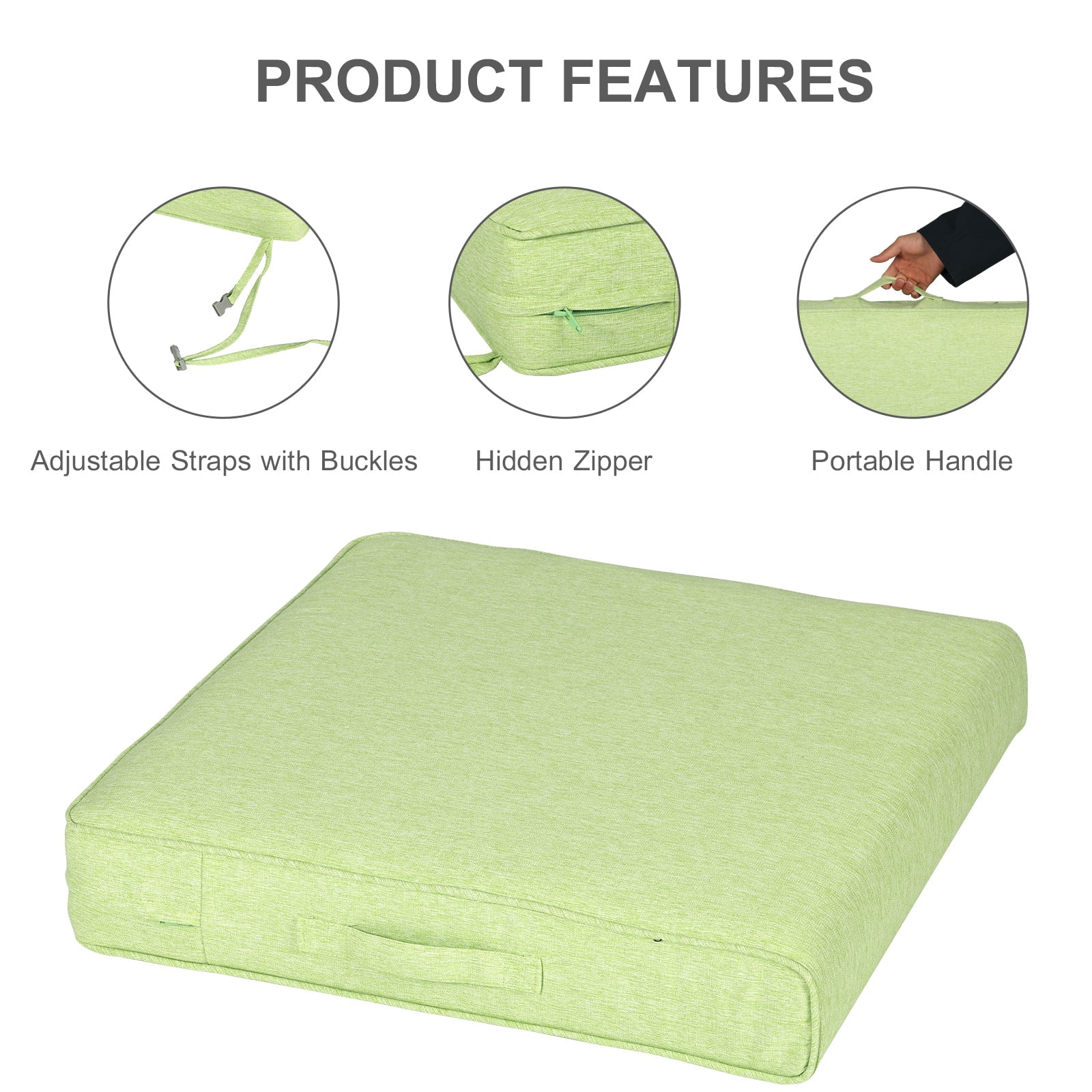 Aoodor Patio Chair Cushions Set of 2, 25 x 25 x 4 Inch Water Resistant Outdoor Seat Cushions with Handle and Ties, Square Corner Cushions for Patio Furniture Garden Lawn, Green