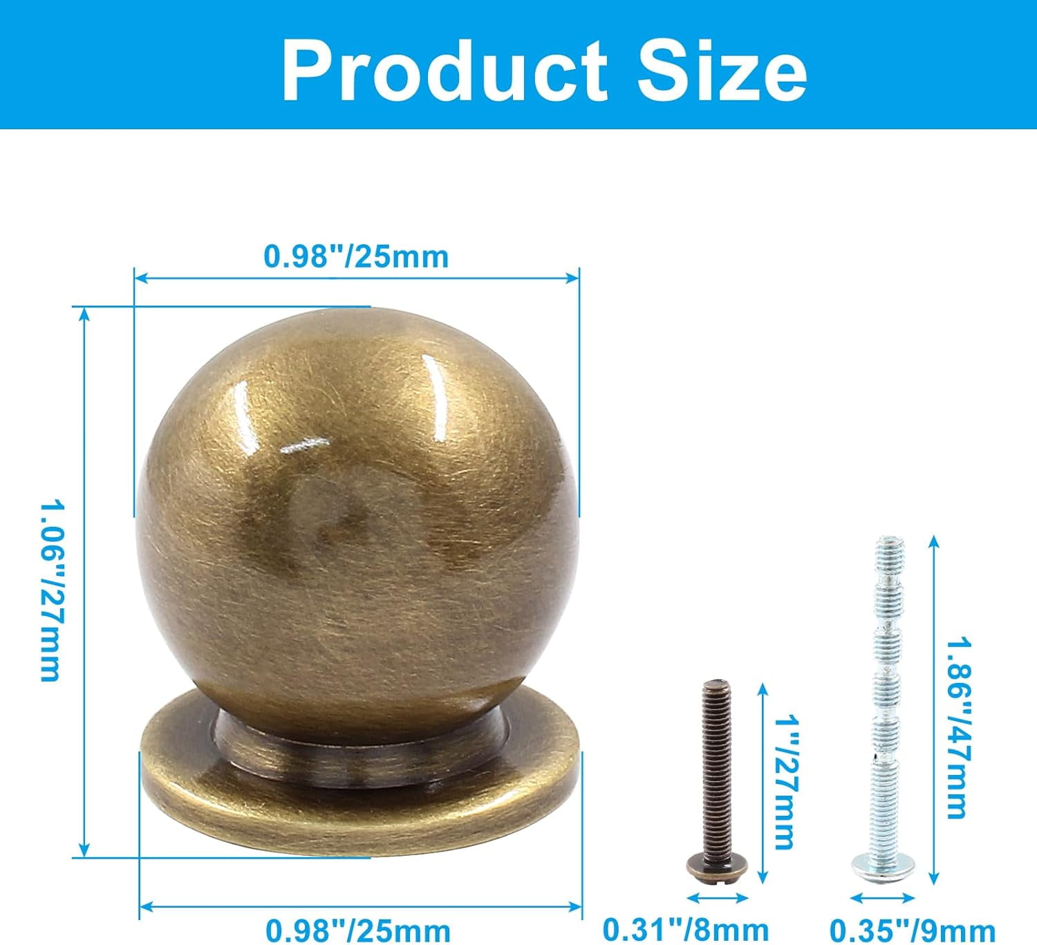 4pc 1 Inch Large Antique Bronze Solid Brass Knobs, Round Ball Drawer Pulls for Dressers, Cabinets & Wardrobes