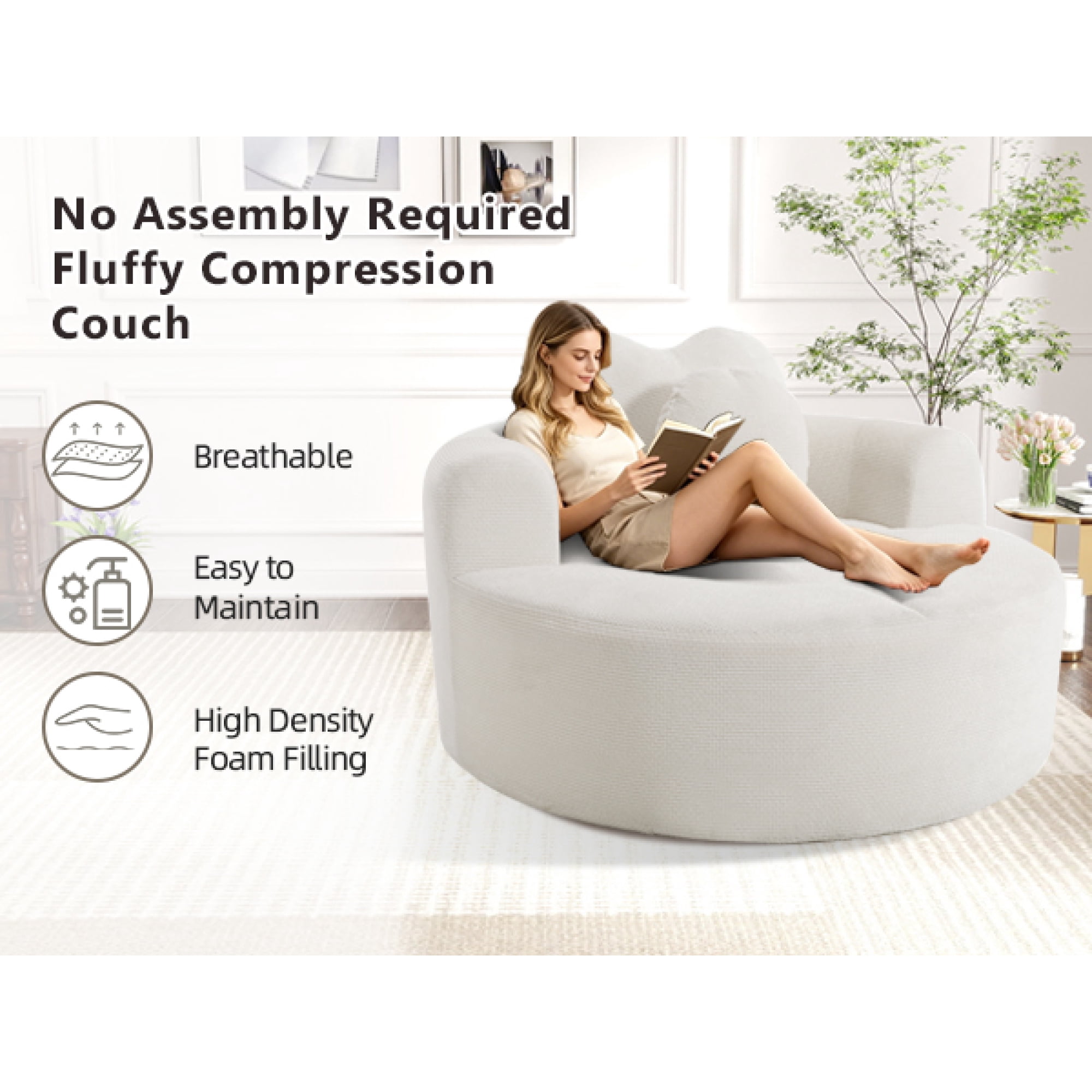 Leumius Oversized Round Chair Lounge Chaise Indoor,Upholstered Round Sofa Bed with Memory Foam,Comfy Cloud Circle Chair with Deep Seat for Living Room Bedroom,No Assembly Required,Beige