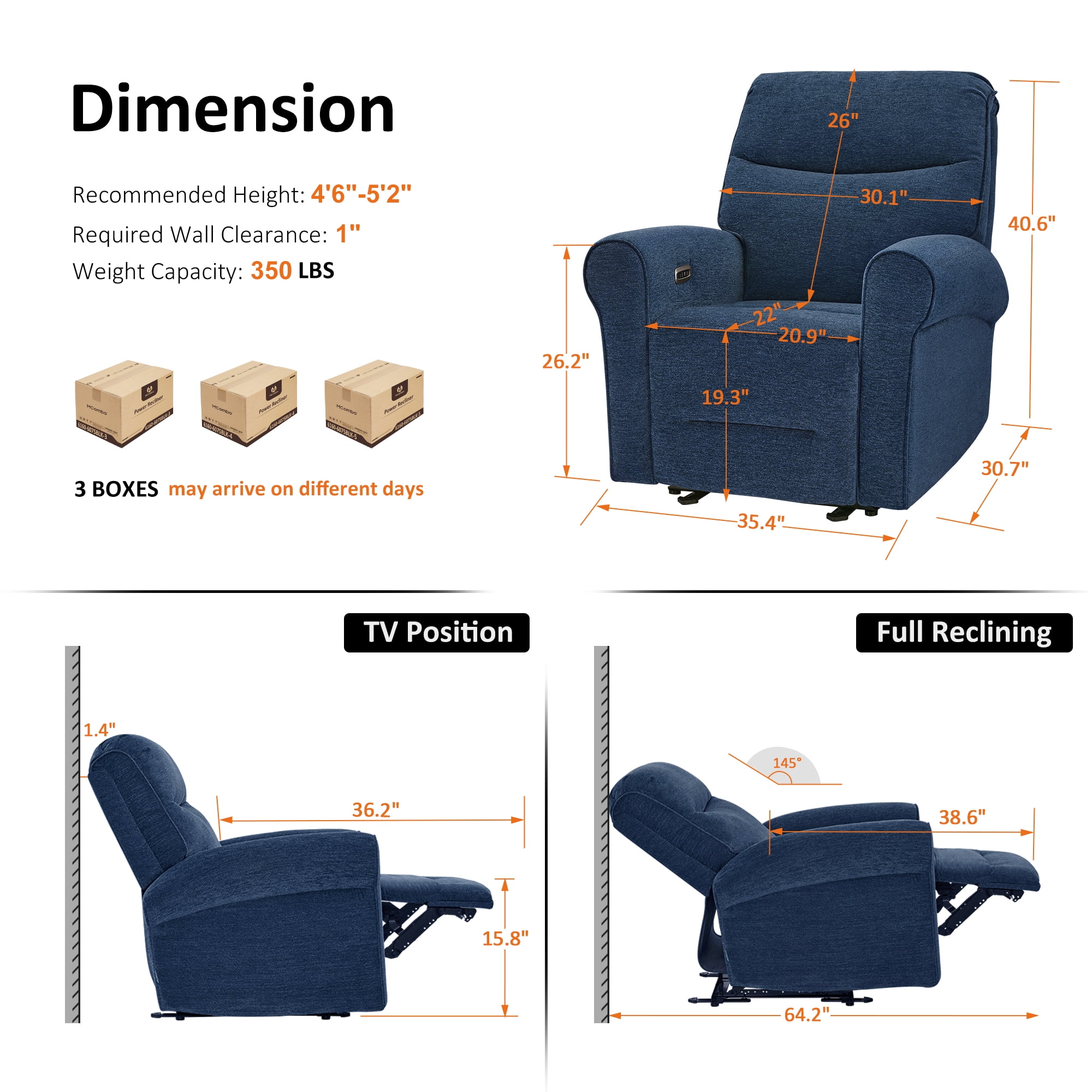 MCombo Small Wall Hugger Power Recliner Chair for Small Space RV Living Room, , Modern Roll Arm Recliner, Fabric, Navy Blue