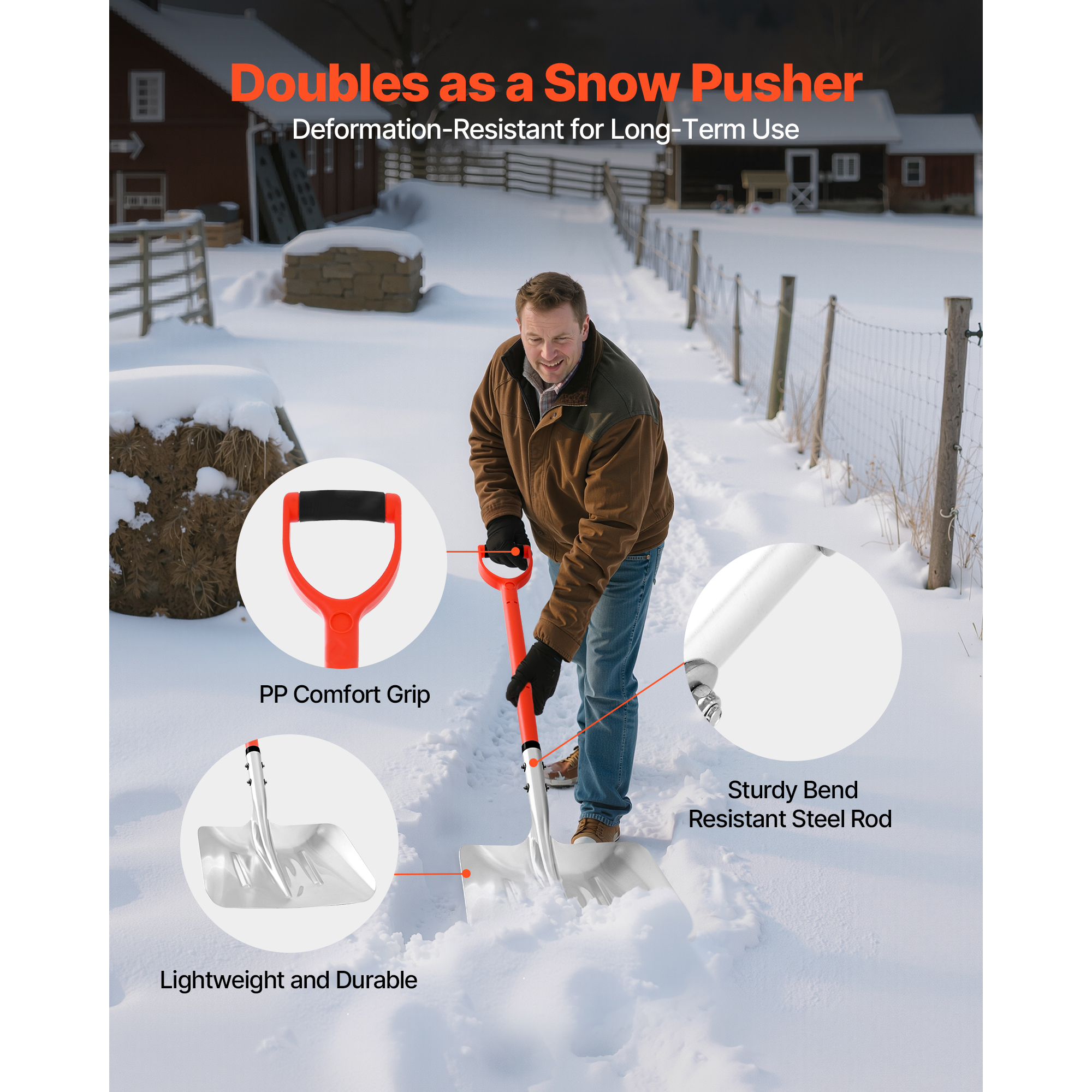 KFFKFF 14-Inch Wide Aluminum Snow Shovel with D-Handle, Lightweight Snow Removal Tool for Driveways, Gardens, Cars, and Camping