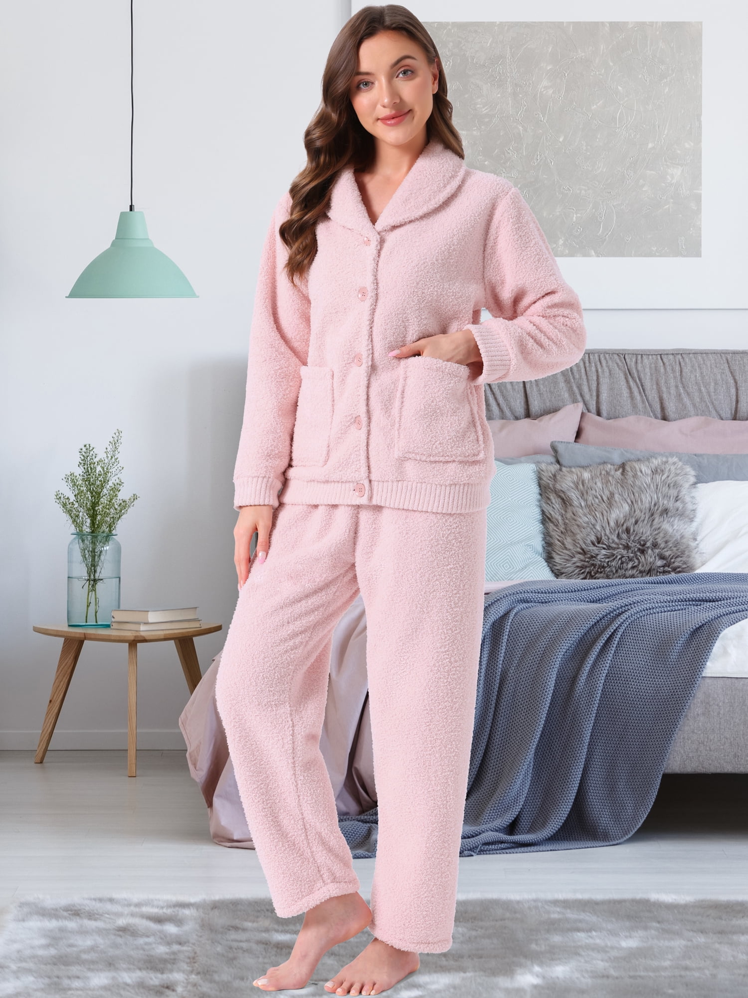 DARING DIVA Women's Fleece Fuzzy Sleepwear Winter Button Down Pajama Sets L Pink
