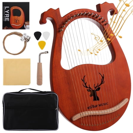 16 Strings Mahogany Lyre Harp, Antler Carved Wood Lyre, Portable Musical Instrument for Beginners Music Lovers, Includes Tuning Wrench Carry Bag
