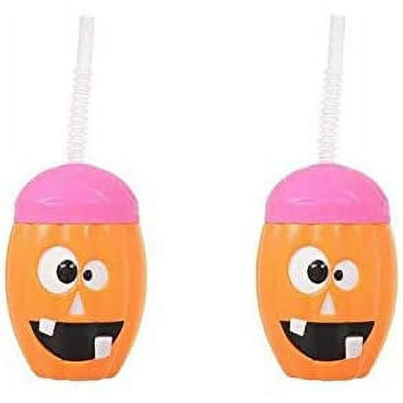 Halloween Funny Pumpkin Plastic Cup with Cover and Flexi Straw Spooky Fun Character Party Favor Drinking Cups Set of 2
