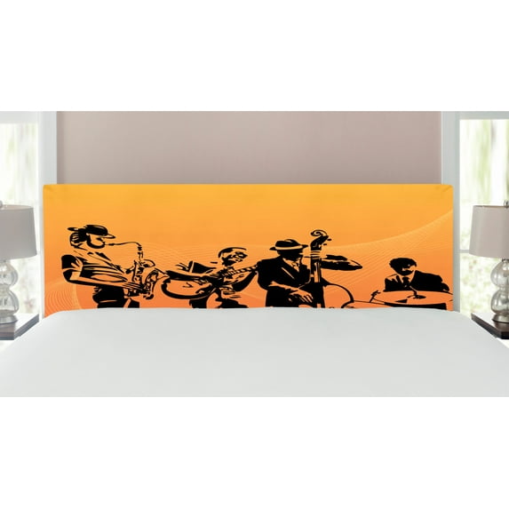 Jazz Music Headboard, Silhouette of Jazz Quartet Performing on Stage Acoustic Passion Old Style Art, Upholstered Decorative Metal Bed Headboard with Memory Foam, King Size, Mustard Black, by Ambesonne