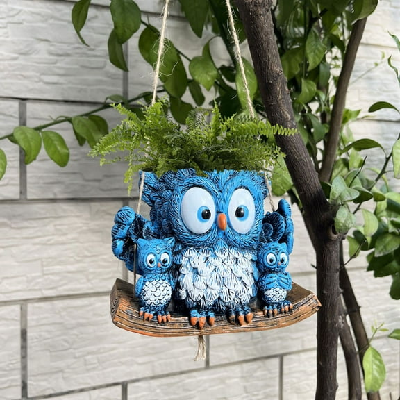 DAMAI Blue Owl Family Hanging Planter,Cute Resin Animal Figurines Succulent Pots,Decorative Garden Pot with Fern,Indoor Outdoor Plant Holder