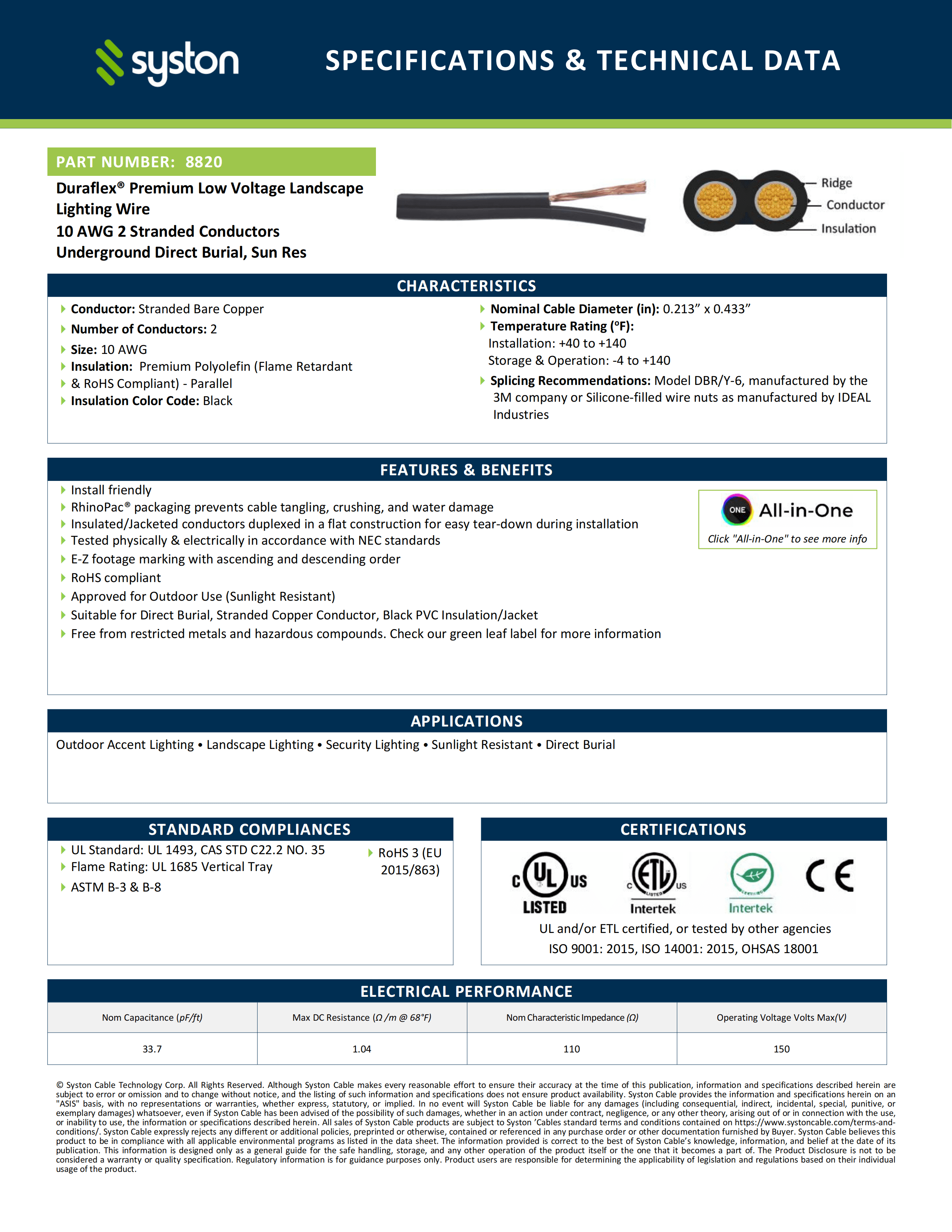 SYSTON 10/2 Low Voltage Landscape Lighting Direct Burial Stranded Wire Cable, 10 Gauge 2 Copper Conductors for Outdoor Spotlight Pathway Lighting and More Low Voltage Applications Use - 300 FT