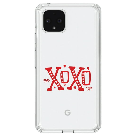 DistinctInk Clear Shockproof Hybrid Case for Google Pixel 4 XL (6.3" Screen) - TPU Bumper Acrylic Back Tempered Glass Screen Protector - XOXO Red Hearts Valentine