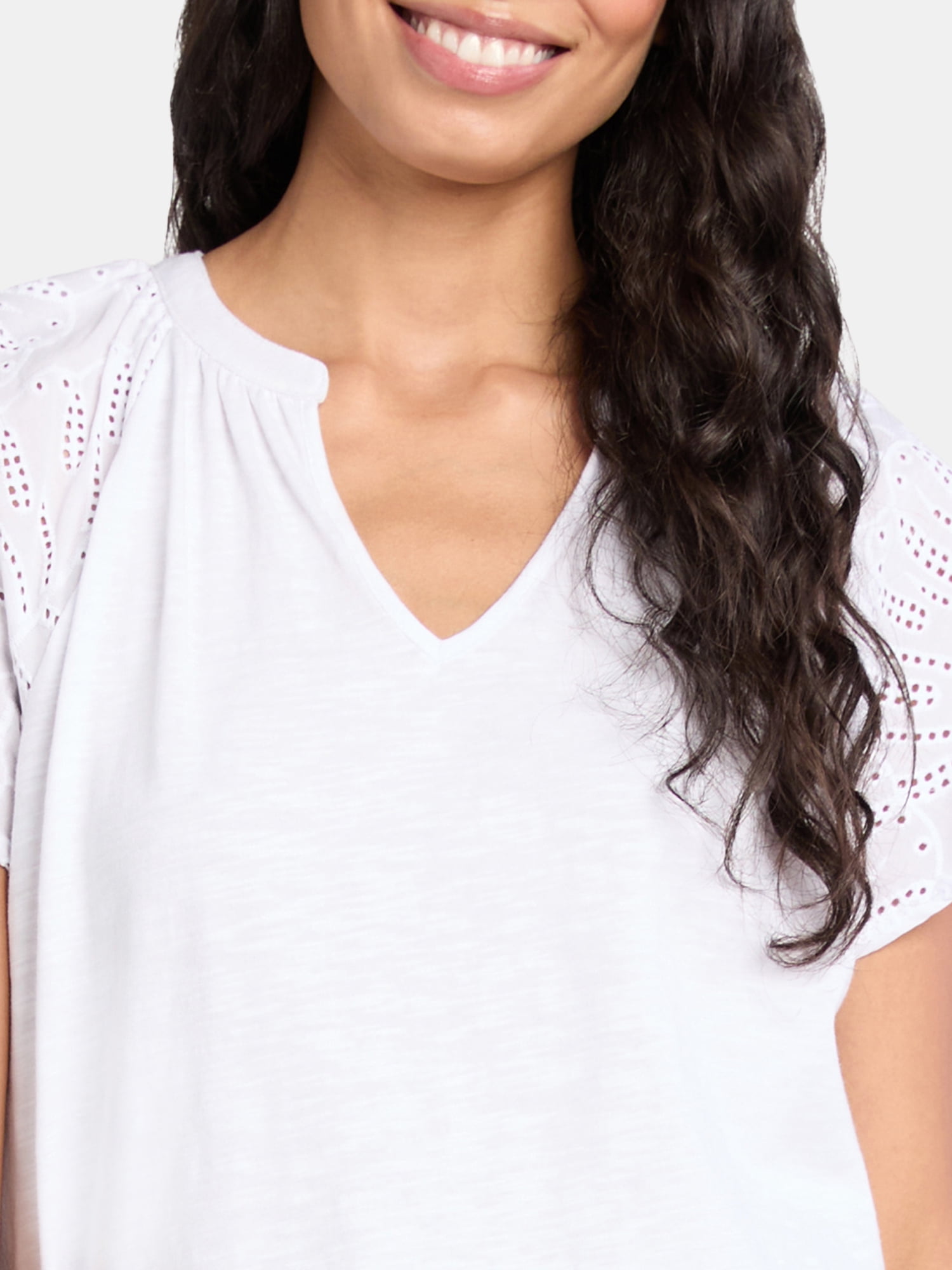 Time Tru Women's Mixed Media Cotton Top with Eyelet Flutter Sleeves, Sizes XS-XXXL