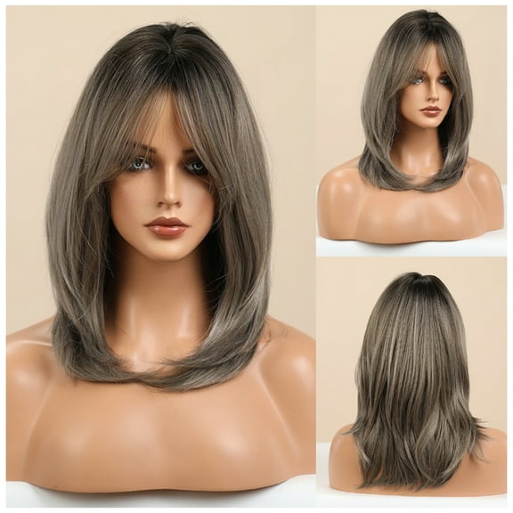 BERON Brown Grey Women Wigs Long Wig with Bangs 18 Inches Ombre Synthetic Layered Wigs for Daily Use Wigs Wig Cap Included