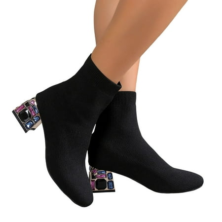 GHSOHS Boots for Women Tall Boots Ankle Booties Shoes Women s Ankle Boots Large Size Short Boot Square Toe Thick Heel Knitted Fashion Stretch Boots Fashion Shoes Winter Boots Rain Boots  Size 37
