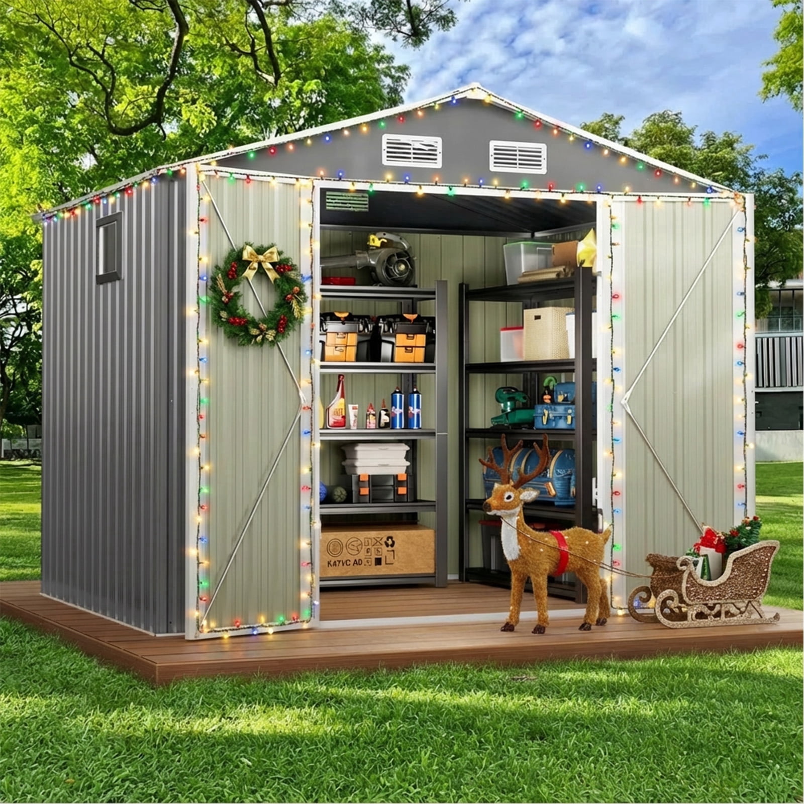 DISHUP Outdoor Storage Shed, 8x6 ft Metal Shed with Window＆Lockable Doors, Ideal for Backyard, Garden and Patio, Gray