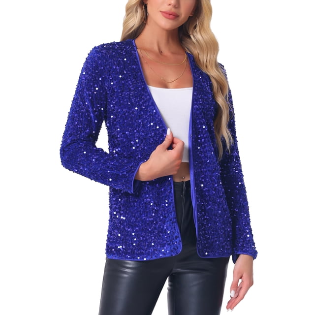 Blazer de lentejuelas de manga larga abierta para mujer INSPIRE CHIC, fiesta disco, talla L, azul