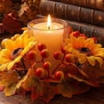 thumbnail image 5 of 10 Inch Fall Maple Leaf Candle Ring Wreath with Pumpkin Sunflower Berries, Wire Frame Thanksgiving Halloween Pillar Candle Holder Ring for Farmhouse Table Mantel Kitchen Cabinet Centerpiece Decor, 5 of 9