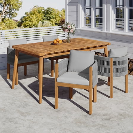 Outdoor Dining Set with Acacia Wood Table and 4 Chairs, Washable Waterproof Cushions, Slatted Tabletop for Patio Garden, Grey