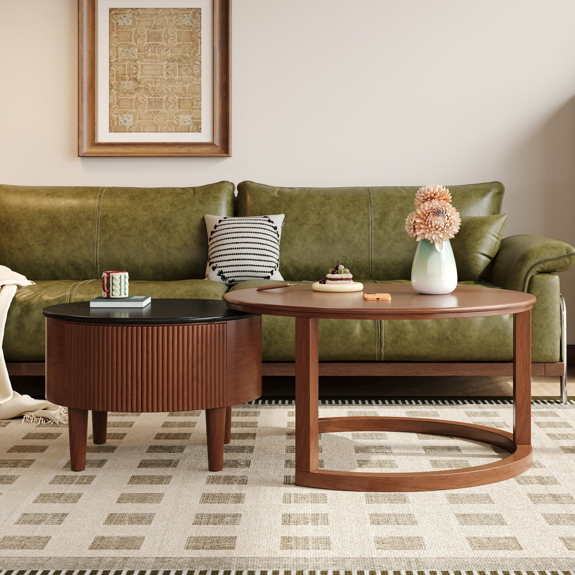 Euroco Vintage Round Nesting Coffee Table Fluted with Drawer in Black & Walnut in 31.5''