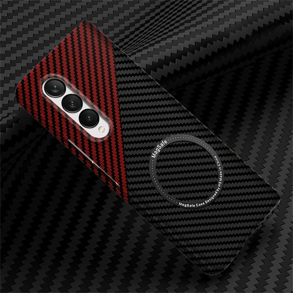 SaniMore for Samsung Galaxy Z Fold 5 7.6" 2023 Case, Carbon Fibre Texture Shockproof Anti-drop Lens All-inclusive Heavy Duty Protective Slim Light Wireless Charging Magnetic Case, Black/Red