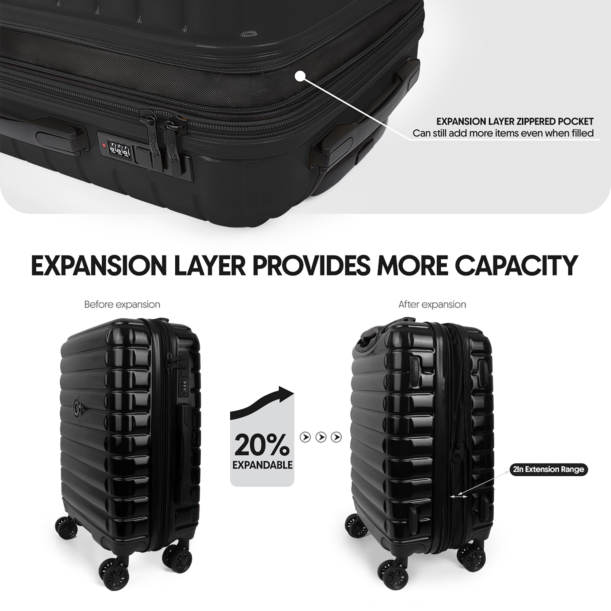 25 Inch Hardshell Medium Checked Suitcase with Wheels,Lightweight Expandable Luggage with Spinner Wheels and TSA Lock,LA13601-Black