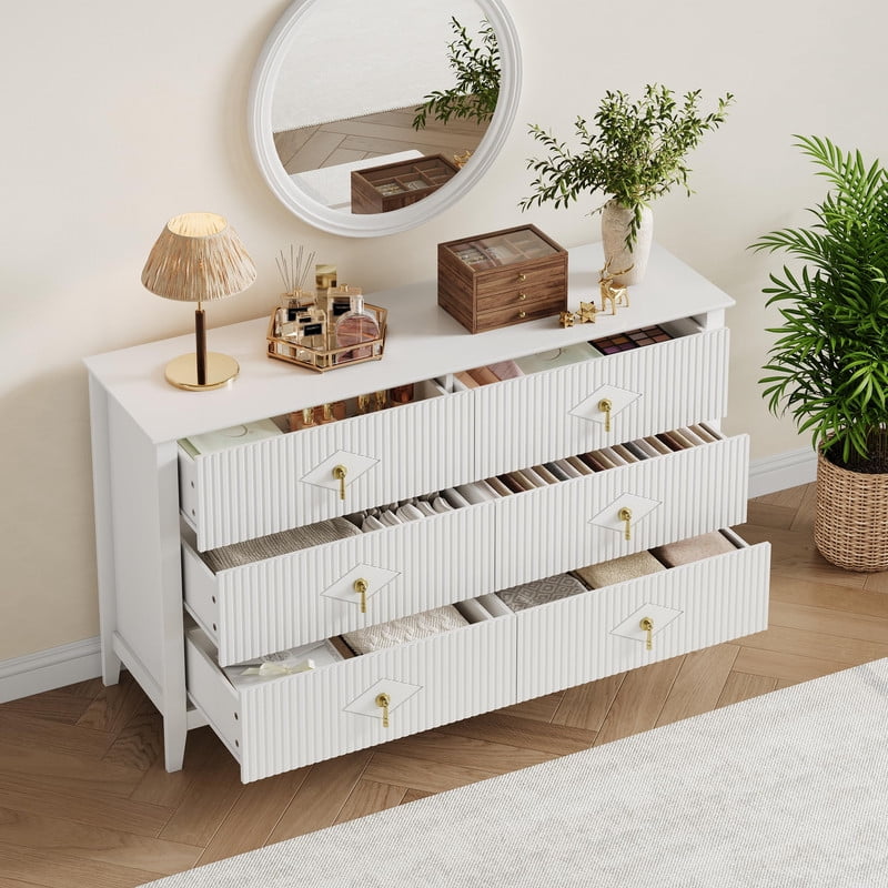 TROPOW Fluted 6 Drawers Dresser for Bedroom, 54" Wide Modern Chest of Drawers with Metal Handle, Wooden Dresser Organizer for Bedroom, Living Room, Hallway, Entryway