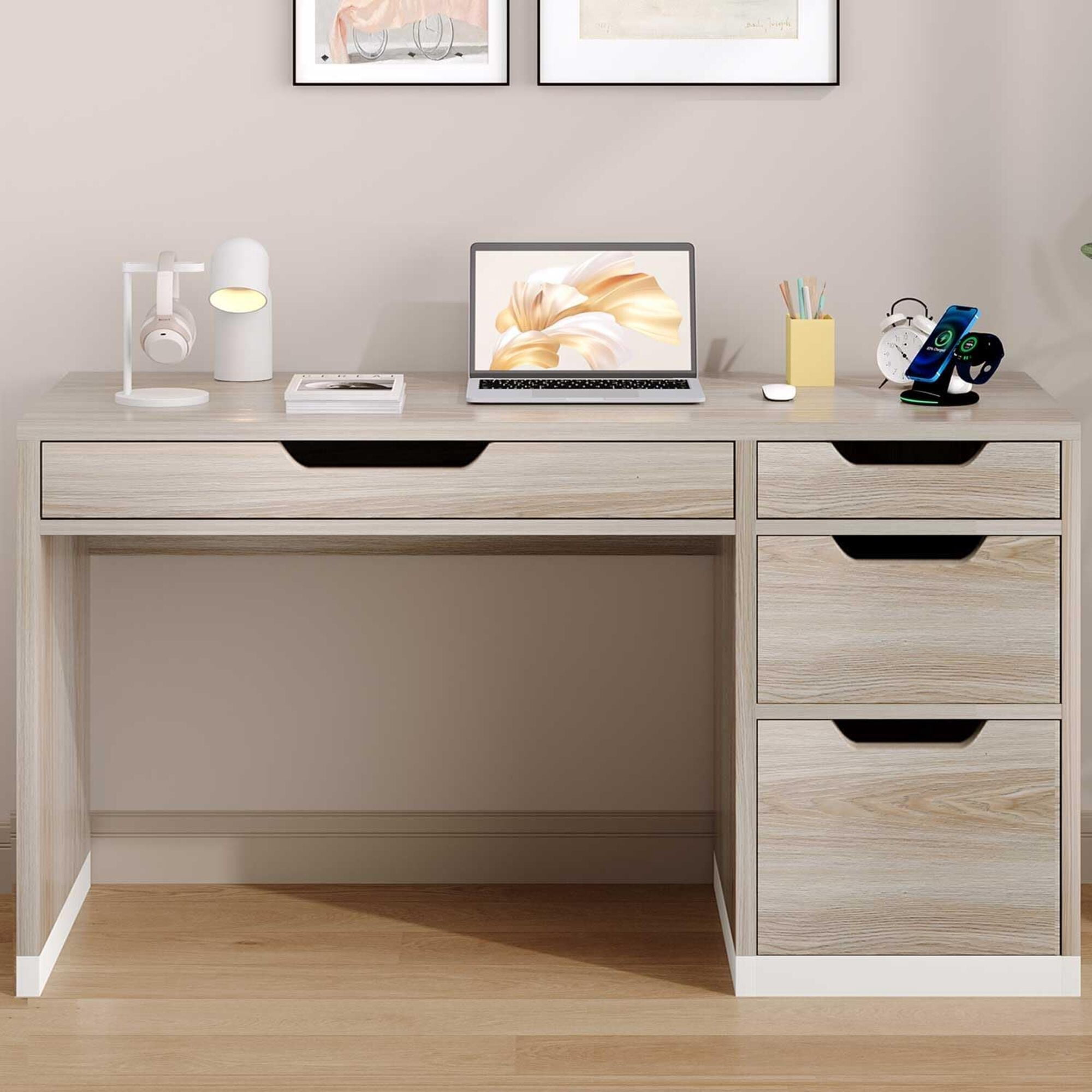 52-Inch 4-Drawer Natural Wood Computer Desk, Small Space Home Office Desk with Categorized Storage Drawers