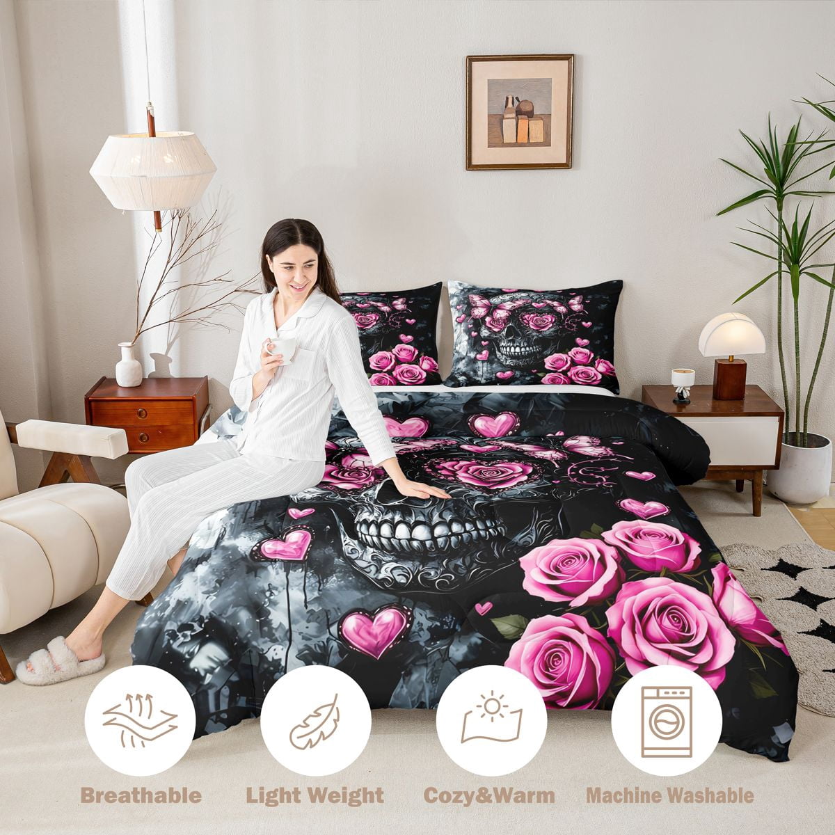 Erosebridal Teens Pink Rose Sugar Skull Queen Comforter Set 3pcs,Gothic Flowers Butterflies Bedding Comforter Set for Boys Girls,Pink Reversible,Super Cozy Room Decor