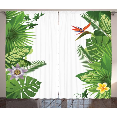 Hawaiian Living Room Tropical Curtains 2 Panels Set, Lush Growth Rainforest of Hawaii with Frangipani Philodendron Birds of Paradise, Window Drapes for Living Room Bedroom, 108W X 63L Inches, Multicolor, by Ambesonne ()
