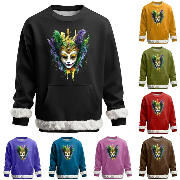 RKSTN Carnival Party Sweatshirts for Men Oversized Crew Neck Carnival Graphic Print Versatile Fleece Sweatshirt Mens Casual Round Neck Relaxed Fits Comfy Pullover Sweatshirt Top Fall Winter Clothes