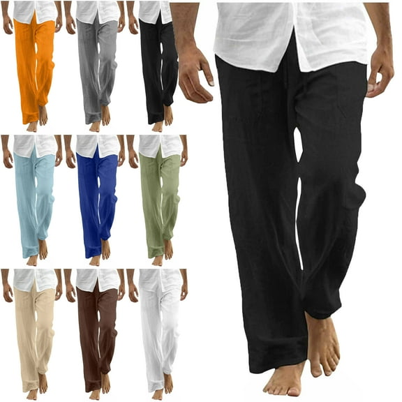 Lenago Mens Pants Size S-5XL,Oversized Mens Workout Pants Wide Leg Sweatpants Men Cotton Linen Pants Men Casual Loose Fit Elastic Drawstring Waist Summer Beach Pants