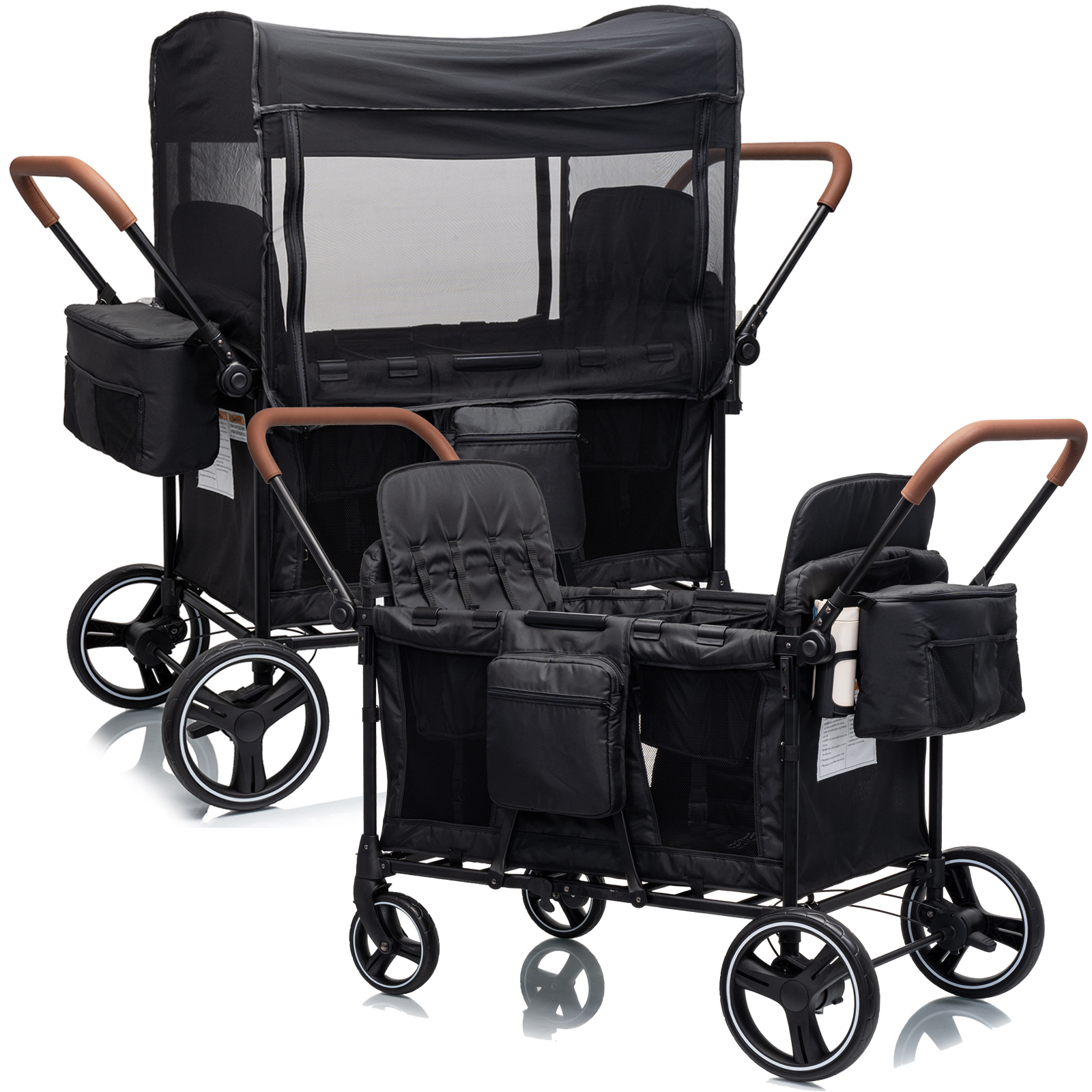 Stroller Wagon for 4 Kids, Premium High-Leg 4-Seater Push Pull Wagon with 2 Removable Seats, 5-Point Harnesses, Adjustable Canopy, Mosquito Net,Snack Tray, Storage, Easy Fold for Travel Camping